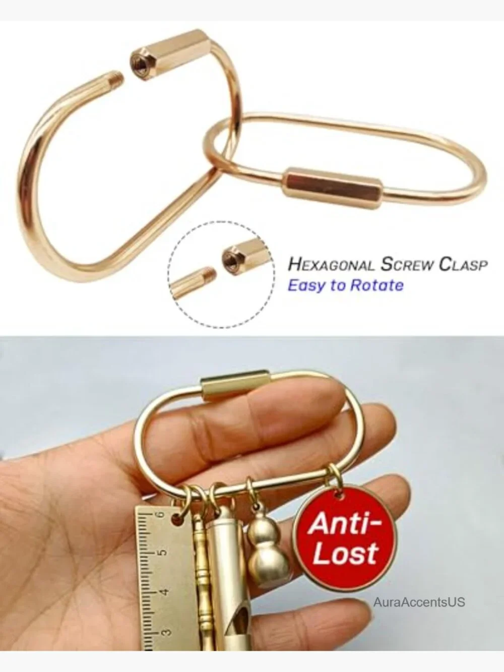 10 Pack Gold Brass Keychains with Carabiner Clip Secure Locking Screw Design